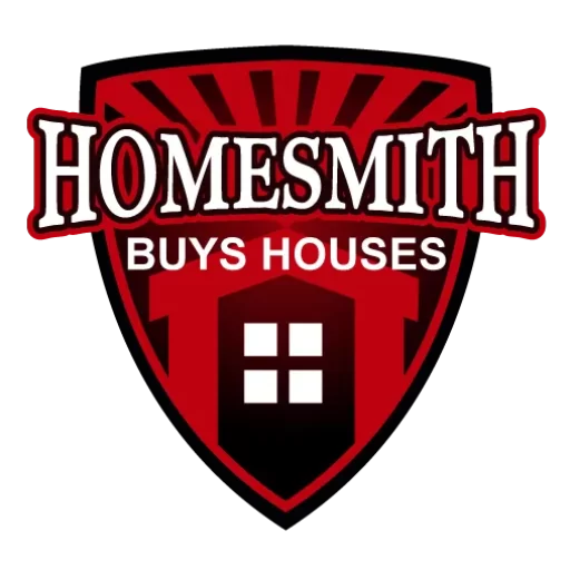 homesmith logo, featuring images of a house, a coat of arms, and the words, "Homesmith Buys Houses"